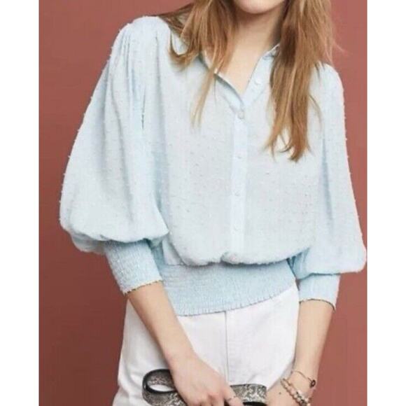 Maeve Anthropologie Womens Blue Rosa Swiss Dot Smocked Hem Blouse Sz XL - Picture 1 of 10